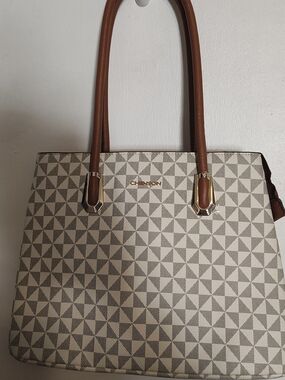 Beige Geometric Tote with Brown Handles